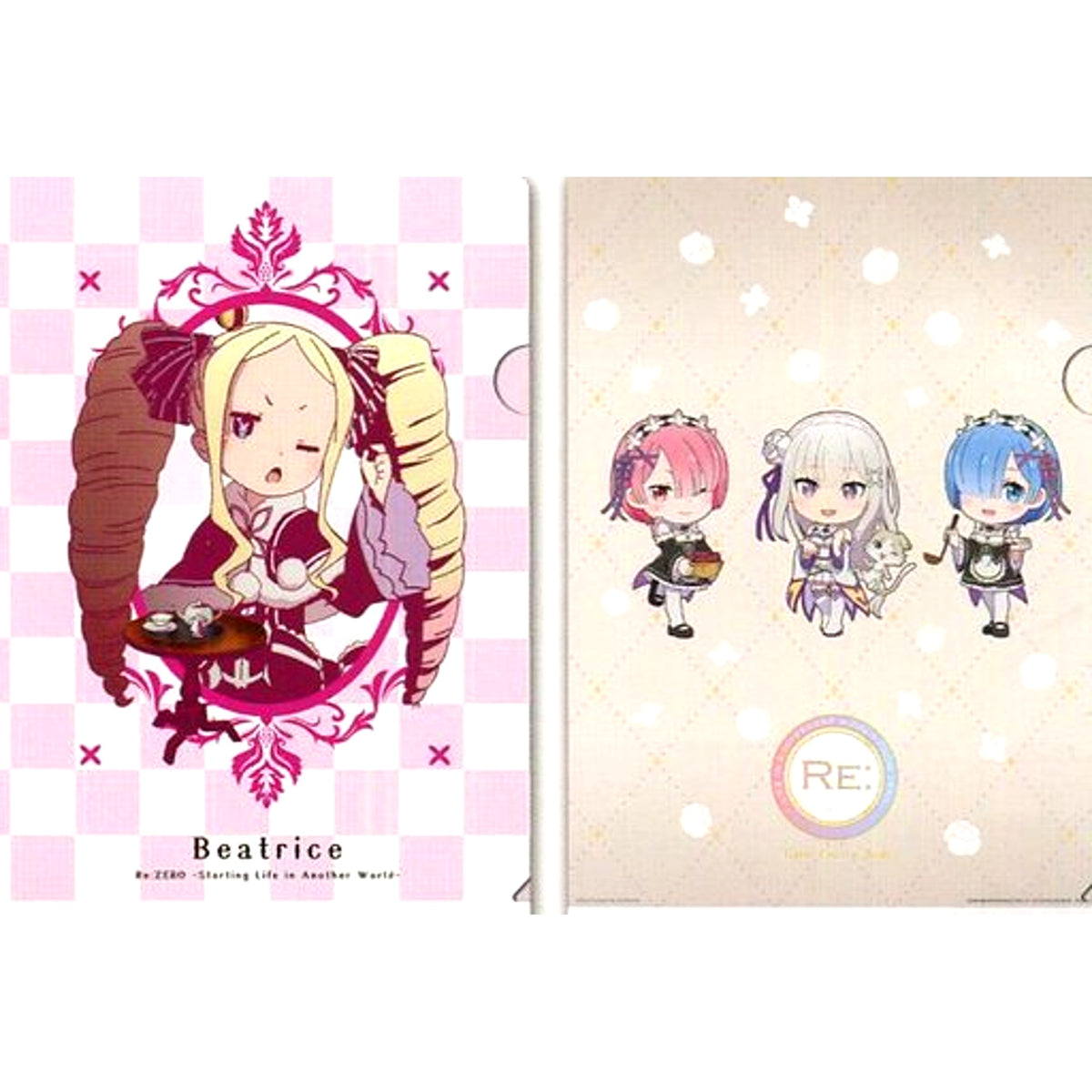Set of 2 Beatrice Emilia Rem and Ram D Prize A4 Clear File Set Ichiban Kuji Re:ZERO Starting Life in Another World [USED]