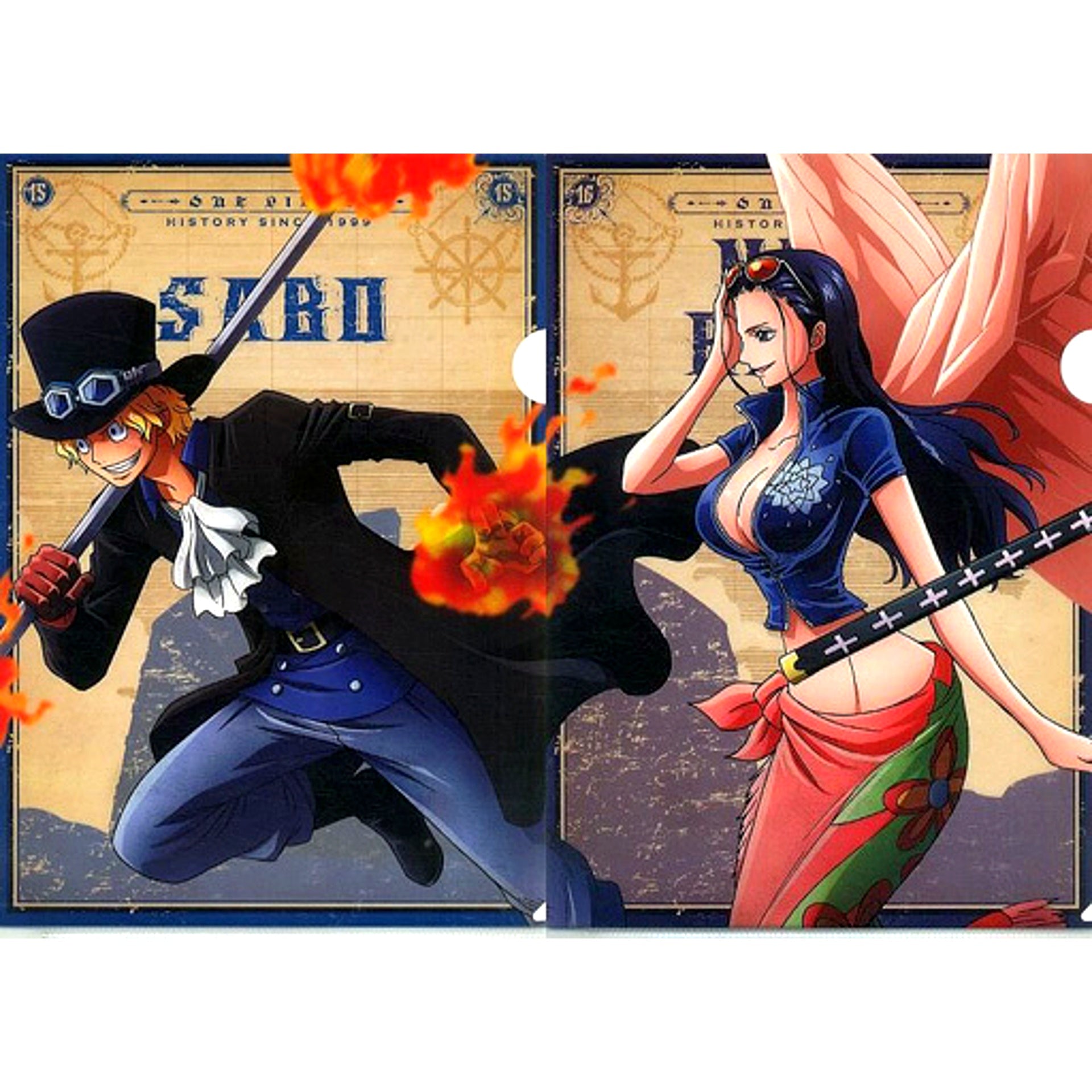 Set of 2 Sabo and Robin G Prize A4 Illustration Clear File Set History Relay Ichiban Kuji One Piece Memorial Log [USED]