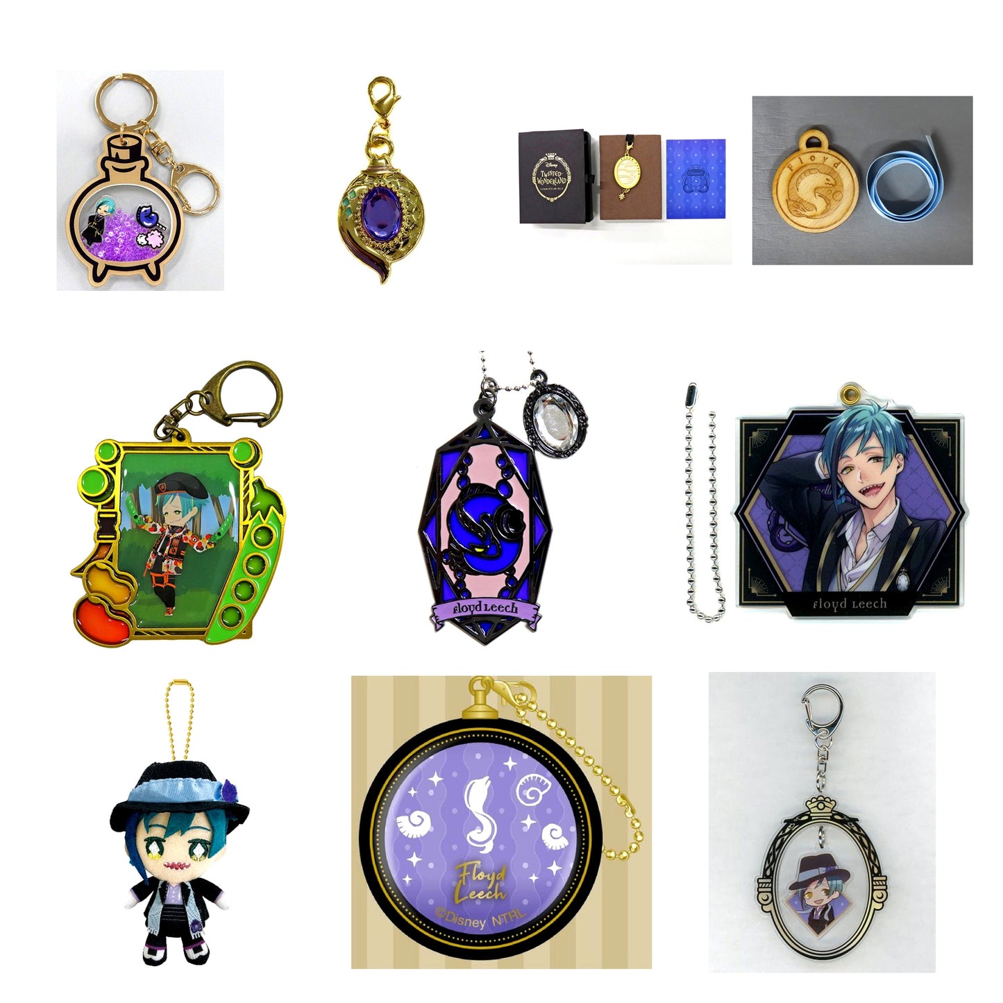 All 10 items included in Floyd Leech Keychains and Charms Curated Set of 10 (Twisted-Wonderland)