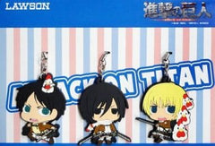 Ellen Yeager Mikasa Ackerman Armin Arlert Attack on Titan Original Chimi Chara Rubber Strap Set LAWSON Limited Receipt ID Campaign Stamp Rally Course Prize Key Ring [USED]