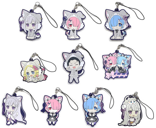 Emilia, etc. Re: ZERO Starting Life in Another World The Frozen Bond Trading Rubber Strap Covered with Cats Ver. All 10 Types Set Key Ring [USED]