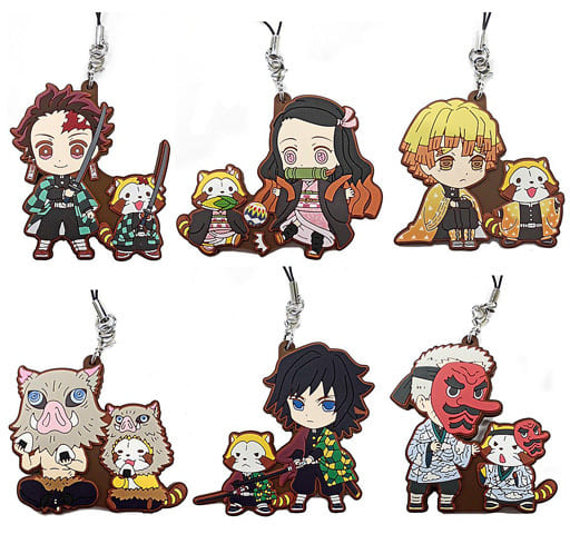 Tanjiro Kamado, etc. Demon Slayer: Kimetsu no Yaiba Rubber Charm Raccoon Rascal Collaboration All 6 Types Set Key Ring [USED]