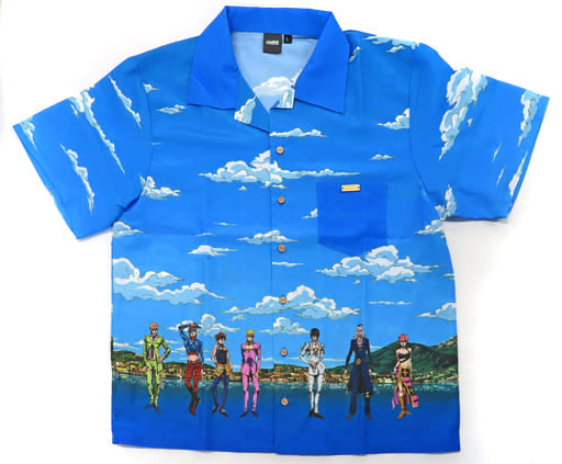 Golden Wind JoJo's Bizarre Adventure Aloha Shirt Blue Green Size: L Anime 10th Anniversary Exhibition Limited Made-to-Order Products Character apparel [USED]